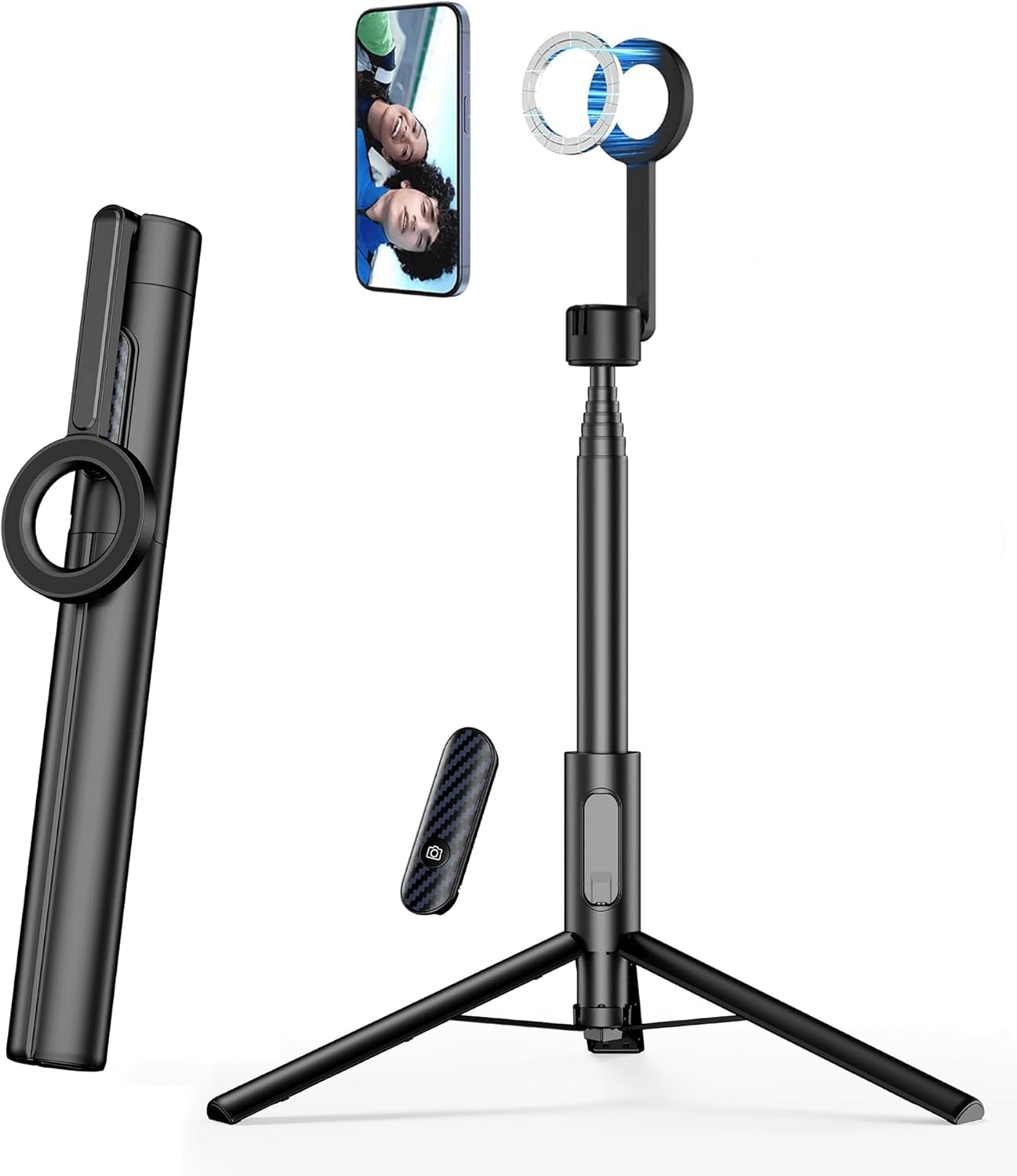 SEAJIC Magnetic Phone Tripod for iPhone 64" Selfie Stick with Remote and Metal Ring, Automatic Pop-up MagSafe Travel Tripod for Cell Phone Video Recording/Photography/Vlogging (Balck)