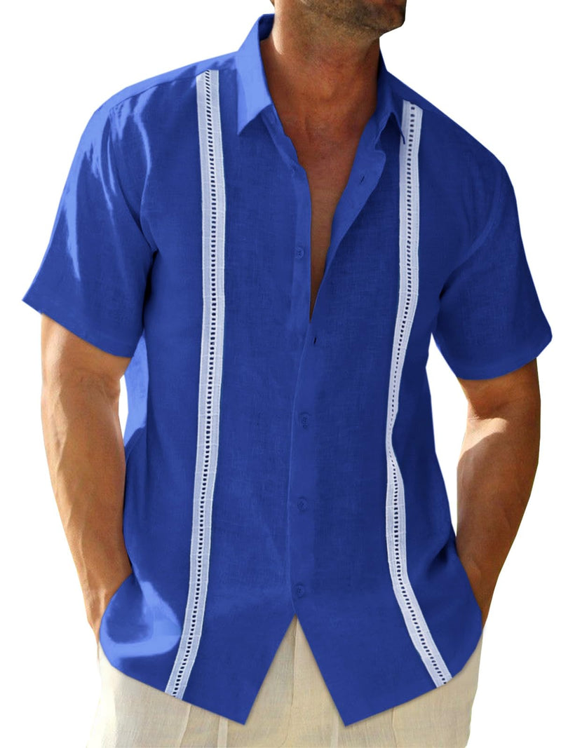 Runcati Mens Linen Cuban Guayabera Shirts Button Down Short Sleeve Shirt Cotton Hippie Summer Beach Vacation Shirts