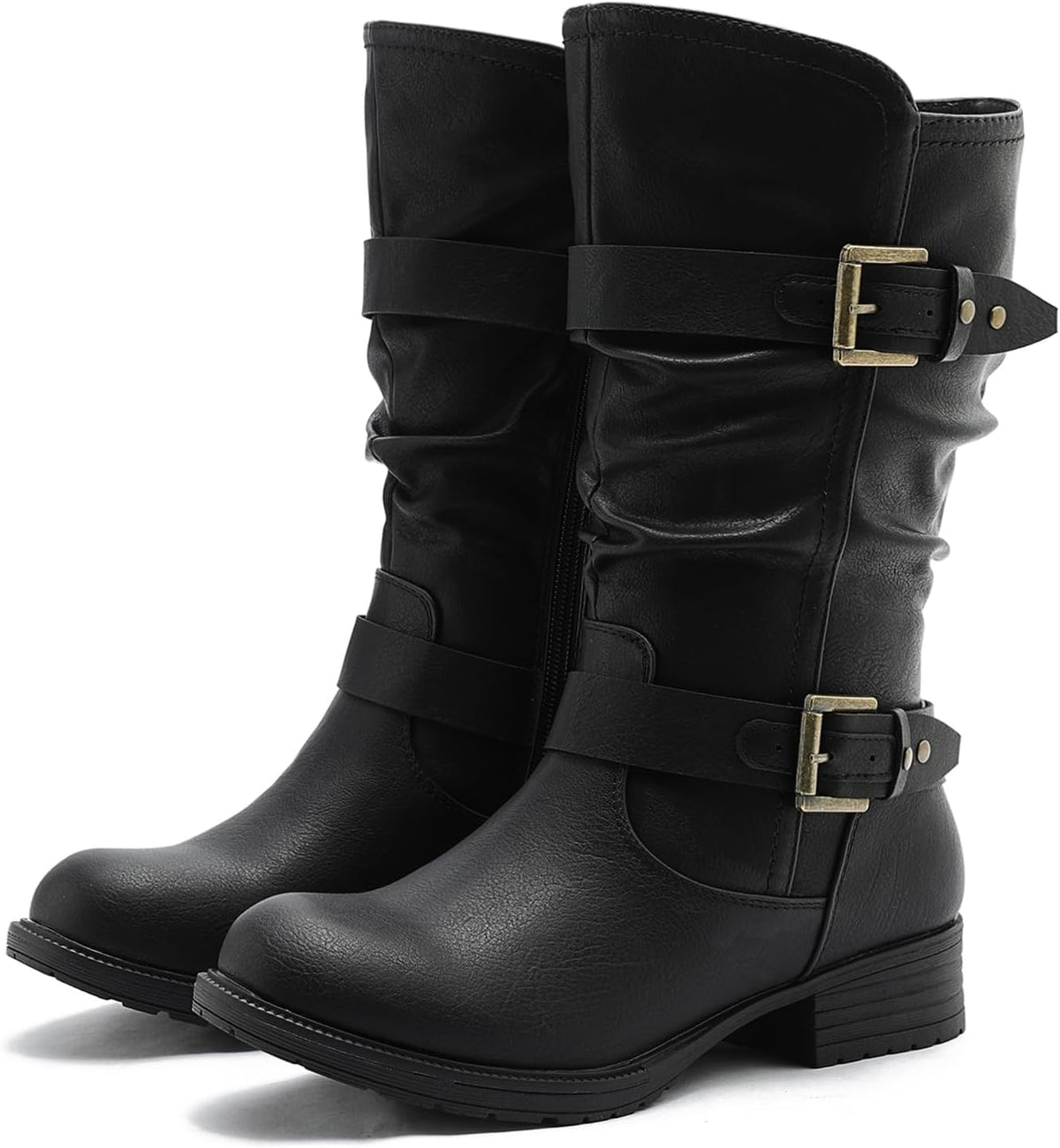 GLOBALWIN Women's Mid Calf Moto Boots With Buckle Straps