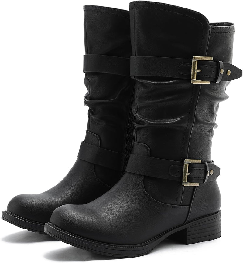 GLOBALWIN Women's Mid Calf Moto Boots With Buckle Straps