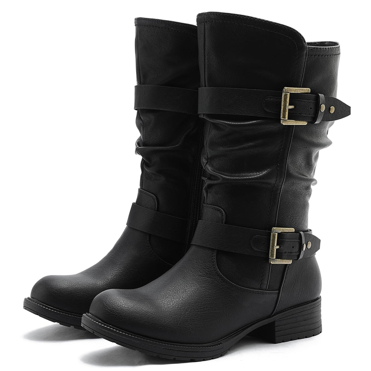 GLOBALWIN Women's Mid Calf Moto Boots With Buckle Straps
