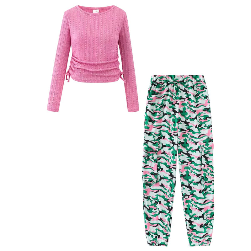 Azmxynol Girls Clothes 2 Piece Outfit Ribbed T-Shirt Top + Cargo Pants, Girls Fall Clothing Set, Sizes 5-16 Years