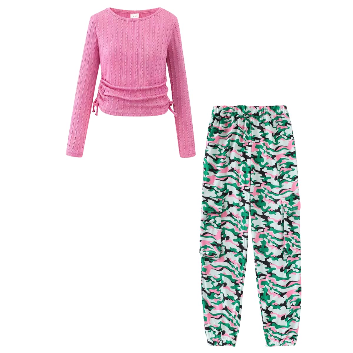 Azmxynol Girls Clothes 2 Piece Outfit Ribbed T-Shirt Top + Cargo Pants, Girls Fall Clothing Set, Sizes 5-16 Years