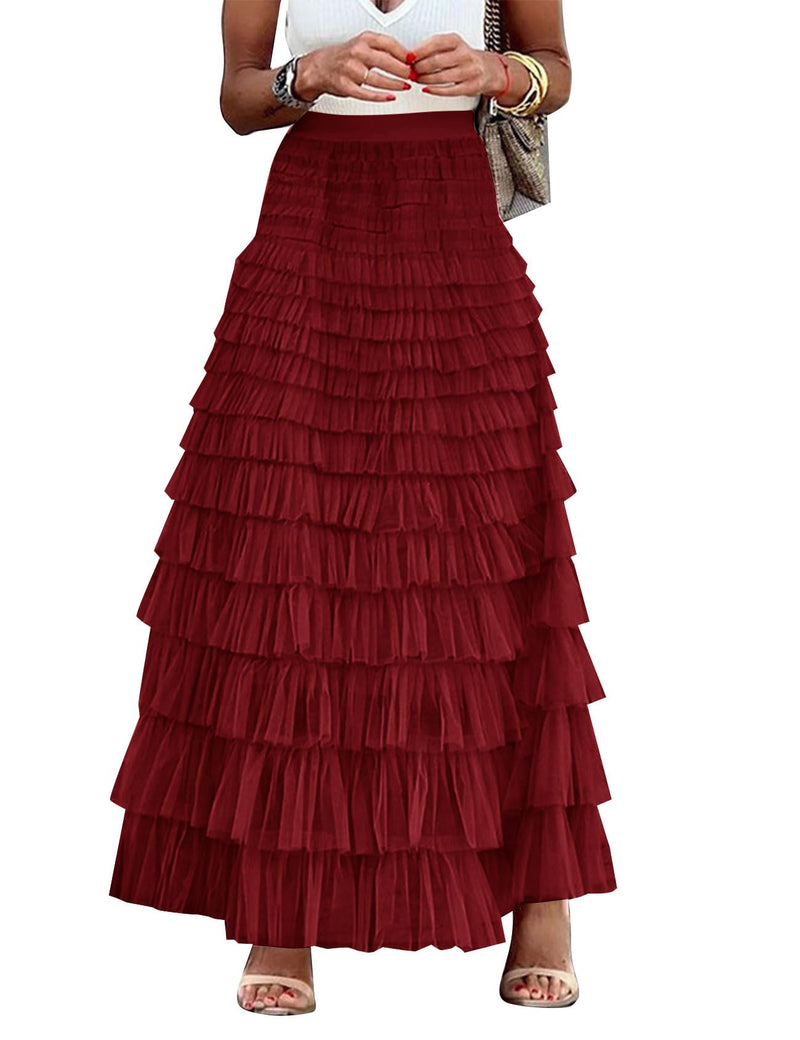 Flygo Women's Long Maxi Tulle Skirts A Line Ruffle High Waisted Tiered Layered Mesh Tutu Skirt Petticoat
