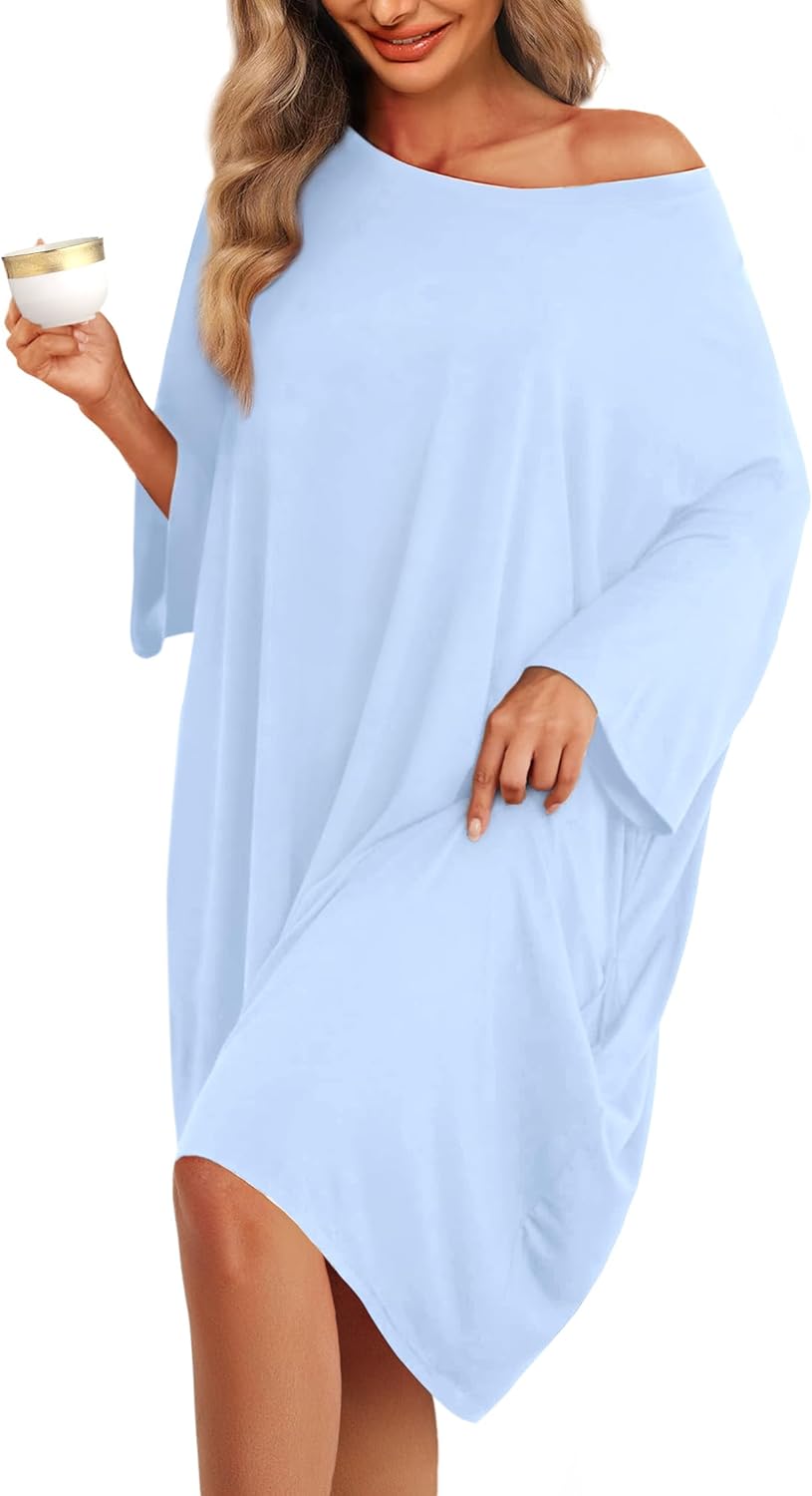 KFUBUO Plus Size Nightgowns for Women Oversized Sleep Tshirts Dress Short Sleeves Sleepwear With Pocket Fit S-5XL
