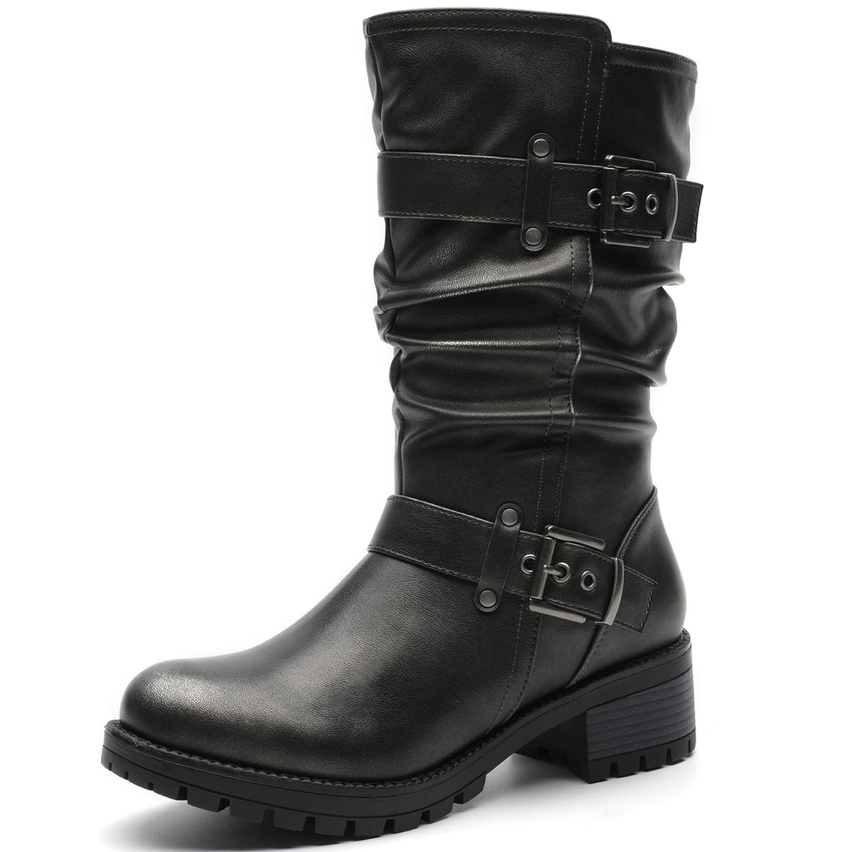 GLOBALWIN Women's Mid Calf Moto Boots With Buckle Straps