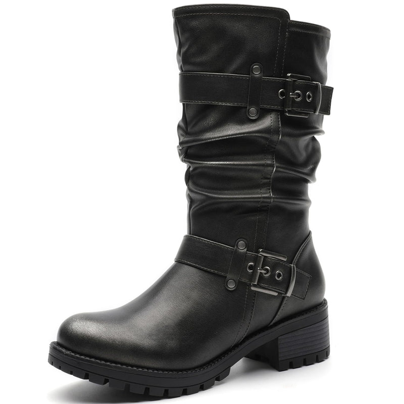GLOBALWIN Women's Mid Calf Moto Boots With Buckle Straps