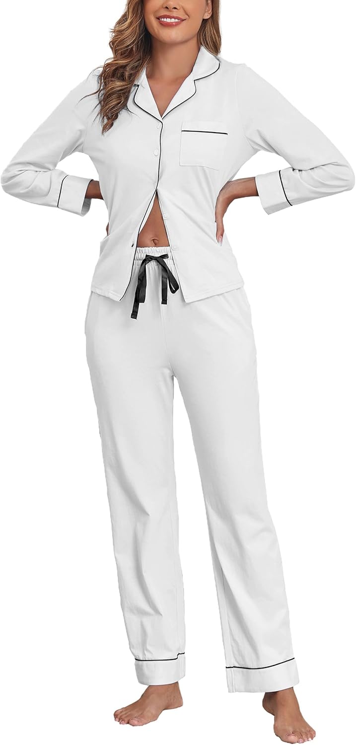 Veseacky 100% Cotton Pajamas for Women Set Long Sleeve Button Down Sleepwear Soft Pjs Lounge Sets with Pockets XS-XXL-75