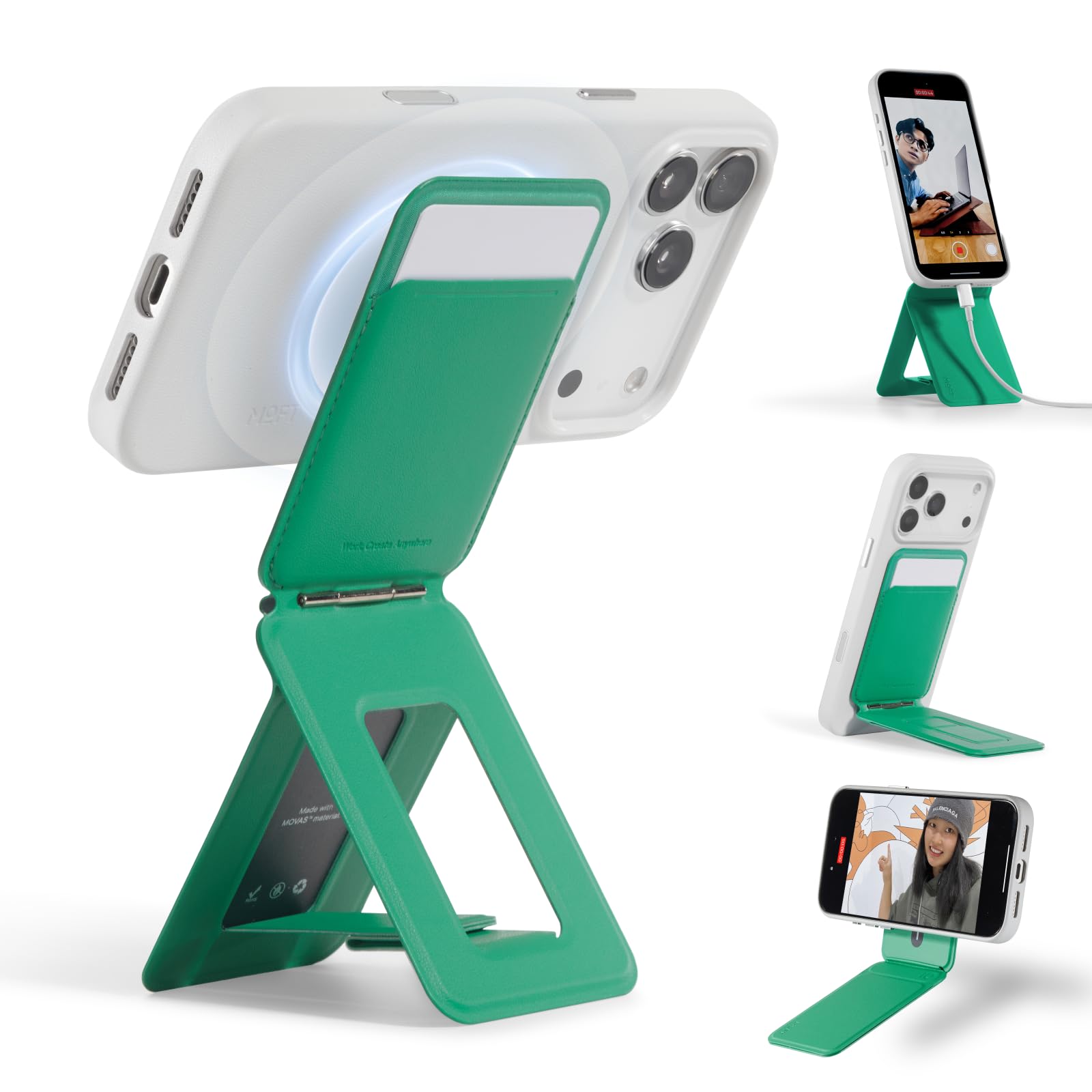 MOFT Phone Tripod Stand Selfie Stick for iPhone, Multi-Angles iPhone Stand, Lightweight & Portable Phone Holder, Strong Magnets, MOVAS Vegan Leather, Travel Essentials, Seafoam (Without Card Slot)
