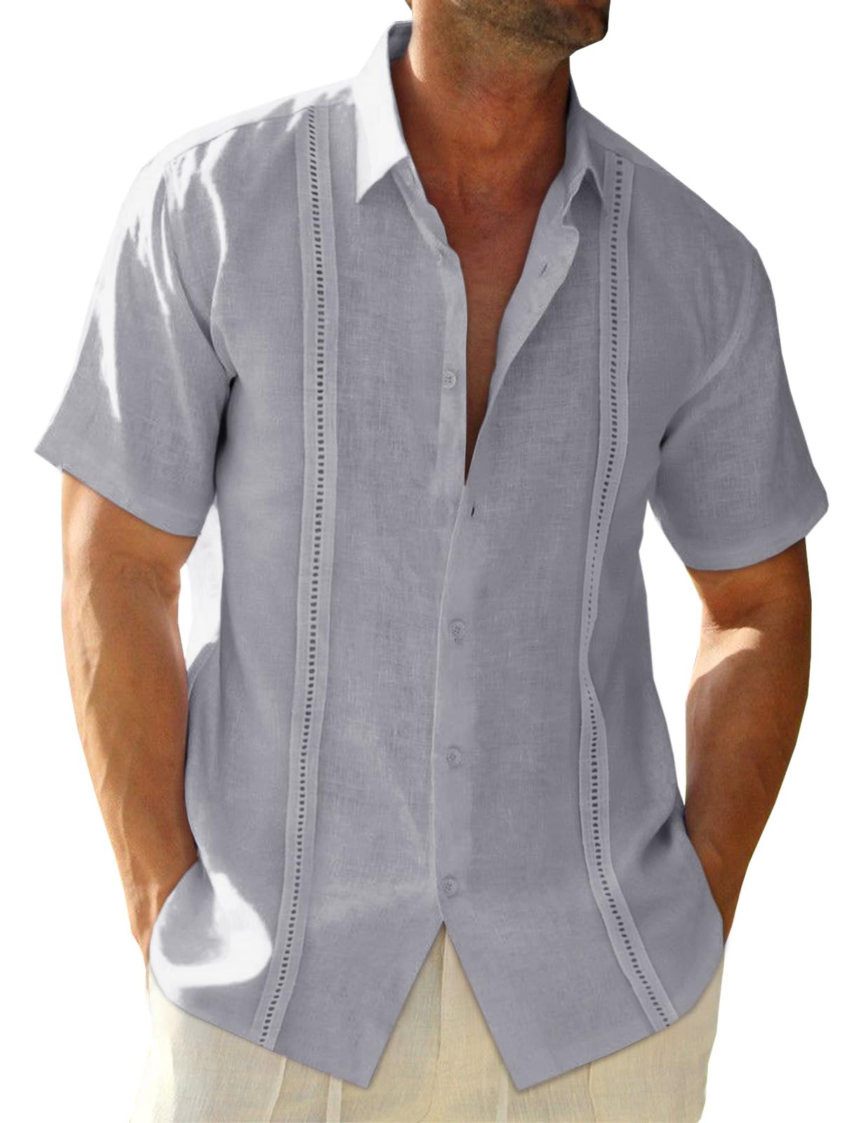 Runcati Mens Linen Cuban Guayabera Shirts Button Down Short Sleeve Shirt Cotton Hippie Summer Beach Vacation Shirts