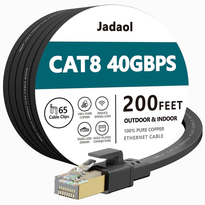 Jadaol Cat8 Ethernet Cable 100ft 40Gbps 2000MHz Flat S/FTP LAN Cable White
