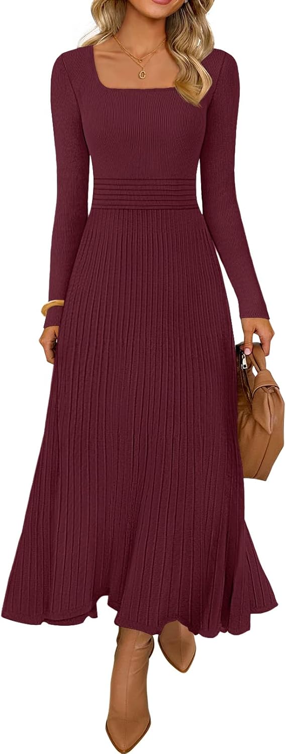 MEROKEETY Women's Sweater Dress 2025 Fall Winter Casual Long Sleeve Square Neck Pleated Church Work Knit Midi Dresses-15