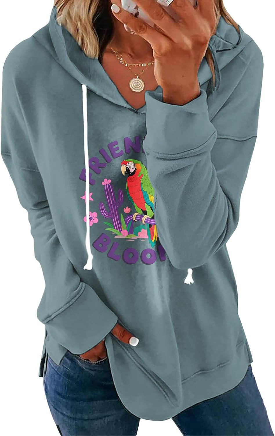 Womens Casual Loose Fit Pullover Sweatshirt with Artistic Print Drawstring Hood Long Sleeve Cotton Blend for Fall-59