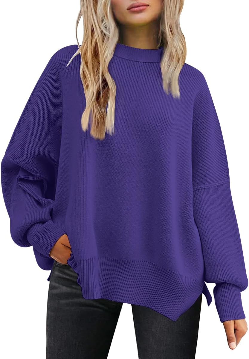 LILLUSORY Women's Oversized Batwing Sweaters 2025 Fall Outfits Trendy Crewneck Knit Side Slit Fashion Pullover Tops-31