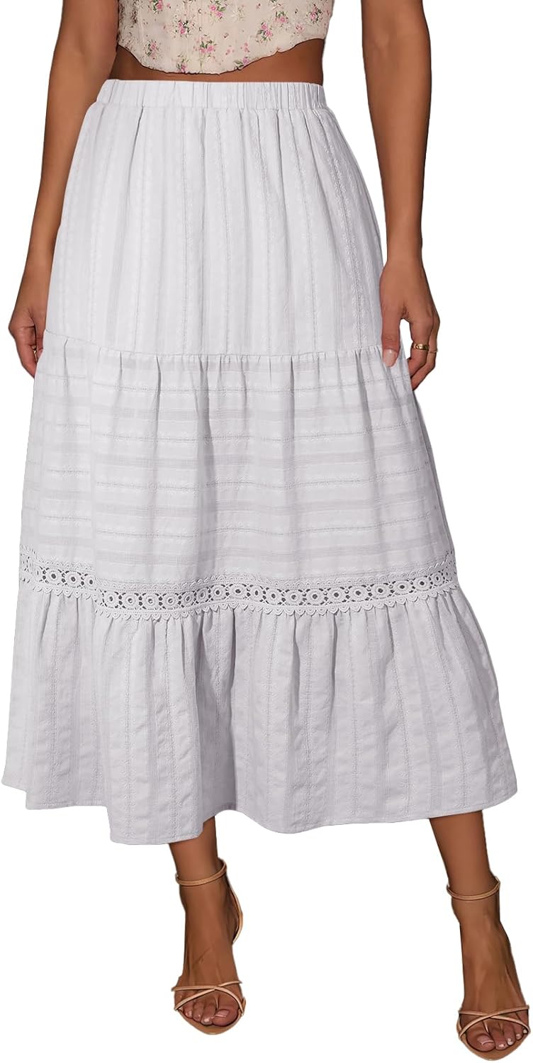 BLENCOT Long Skirts for Women Boho Crochet Lace High Waisted A-Line Cotton Tiered Maxi Skirt