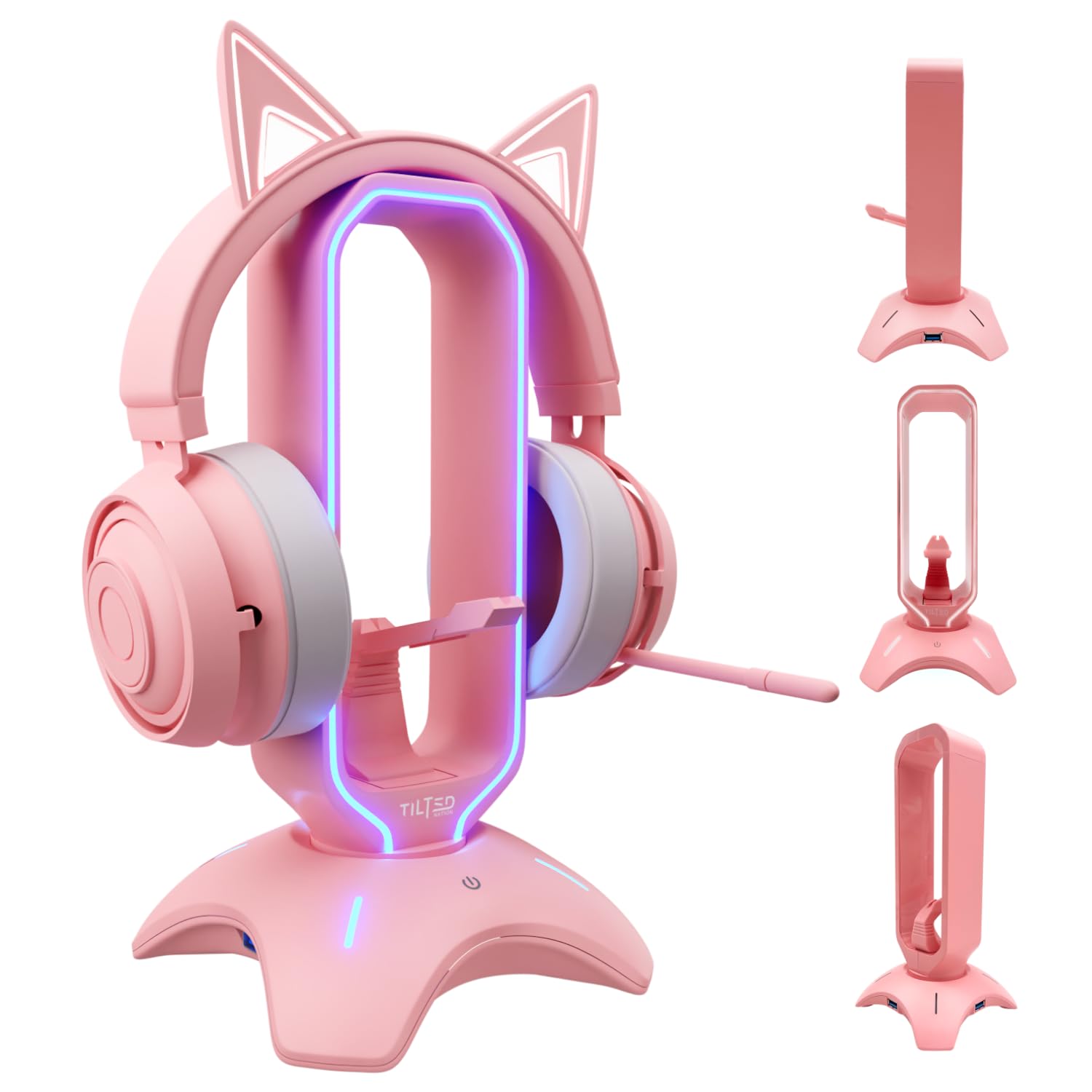 Tilted Nation Gaming Headphone Stand | RGB Headset Stand White | Headset Holder for Desk with Mouse Bungee and USB Hub | The Ultimate Gaming Accessories for Gamers for PS5, Xbox, PC - White