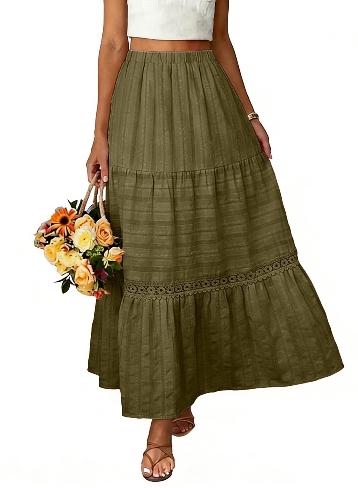BLENCOT Long Skirts for Women Boho Crochet Lace High Waisted A-Line Cotton Tiered Maxi Skirt