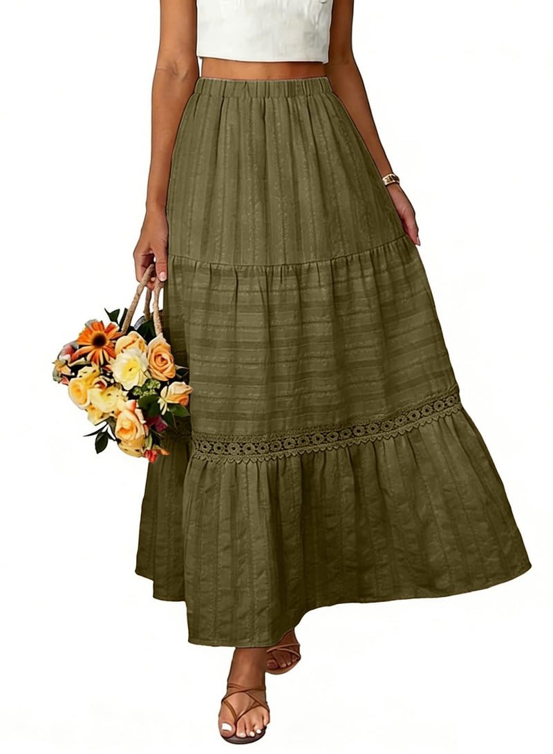 BLENCOT Long Skirts for Women Boho Crochet Lace High Waisted A-Line Cotton Tiered Maxi Skirt