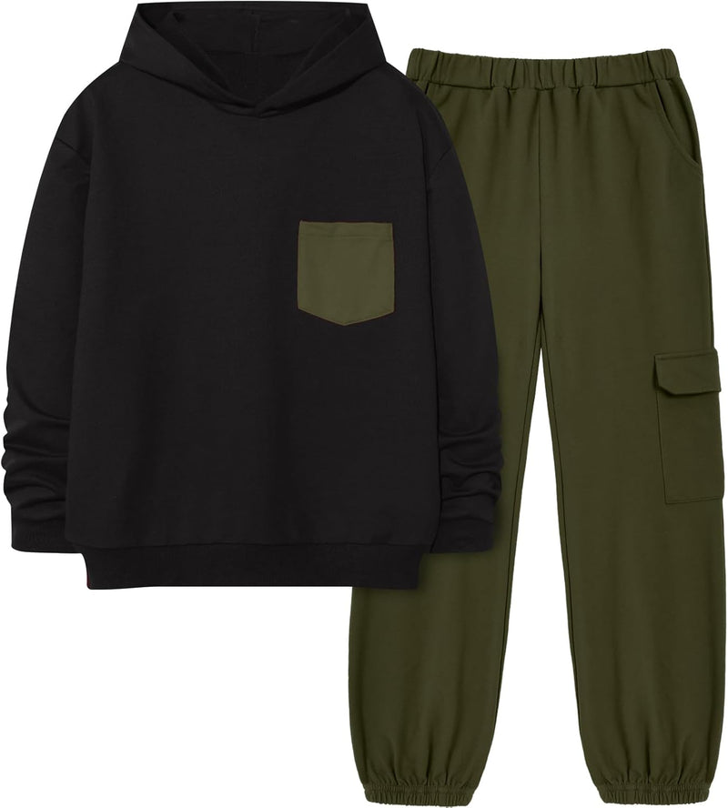 Hipea Boys Clothes Long Sleeve Hooded with Chest Pocket Cargo Pants with Side Pockets 2PCS Sets