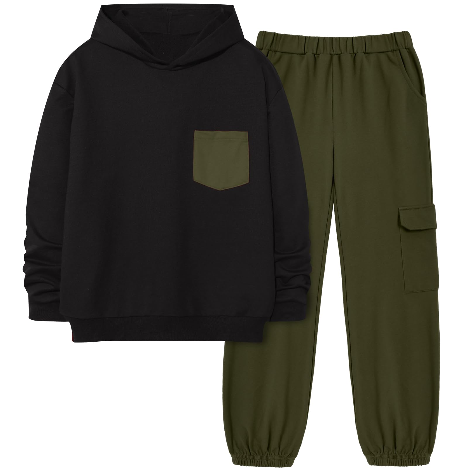 Hipea Boys Clothes Long Sleeve Hooded with Chest Pocket Cargo Pants with Side Pockets 2PCS Sets