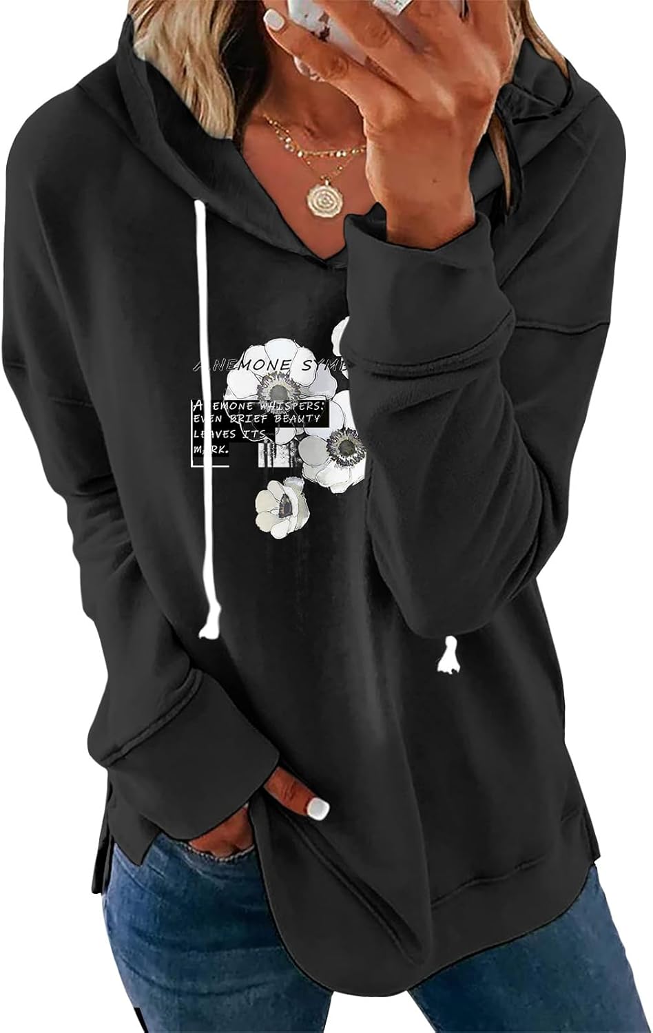 Womens Casual Loose Fit Pullover Sweatshirt with Artistic Print Drawstring Hood Long Sleeve Cotton Blend for Fall-77