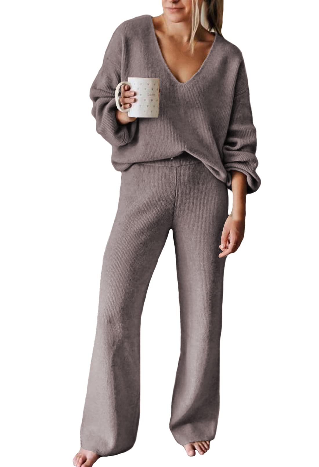 Viottiset Women's 2 Piece Outfits Casual V Neck Knit Wide Leg Sweater Lounge Set Sweatsuit-46