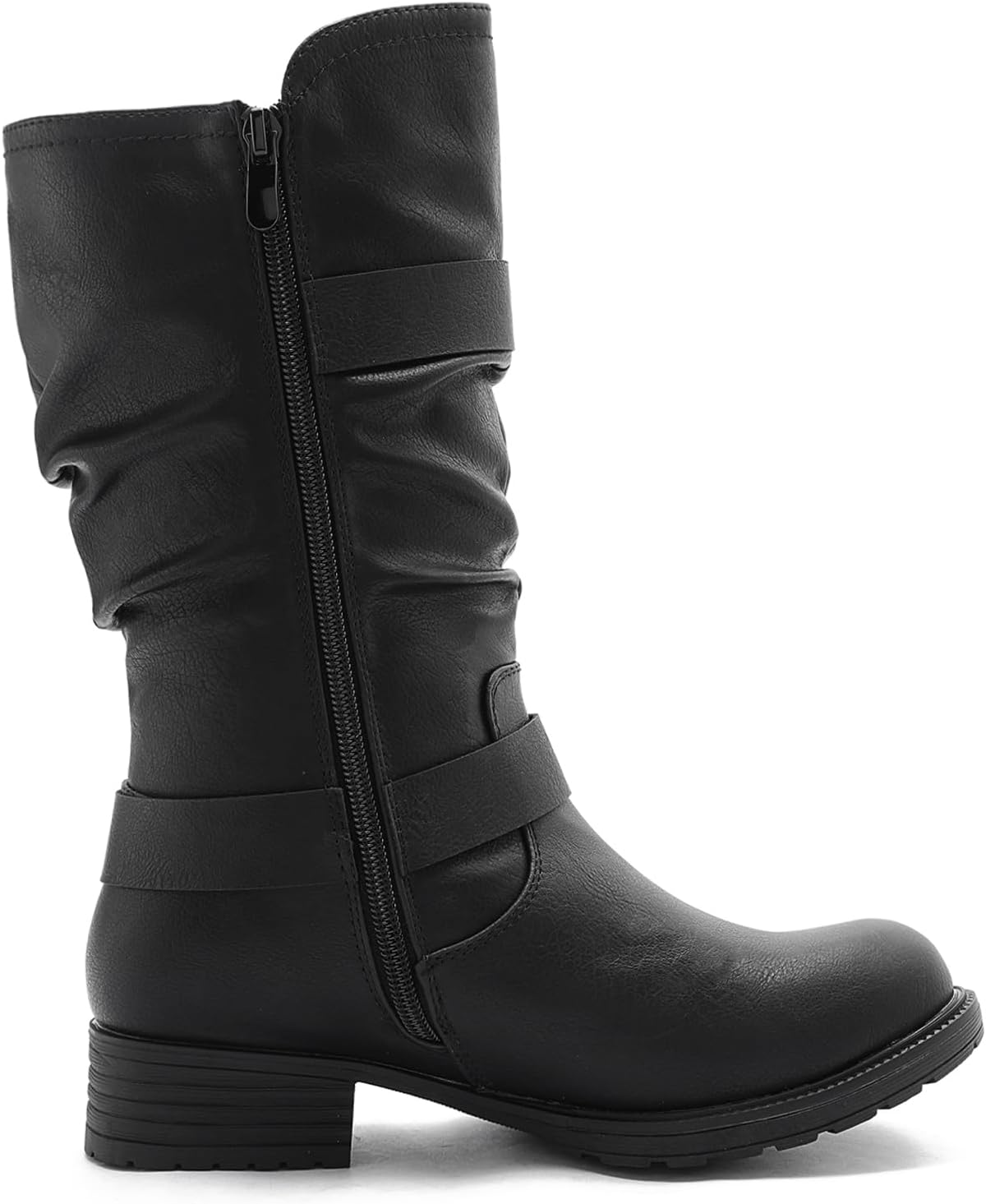 GLOBALWIN Women's Mid Calf Moto Boots With Buckle Straps