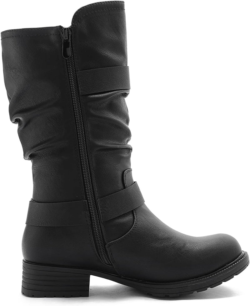 GLOBALWIN Women's Mid Calf Moto Boots With Buckle Straps
