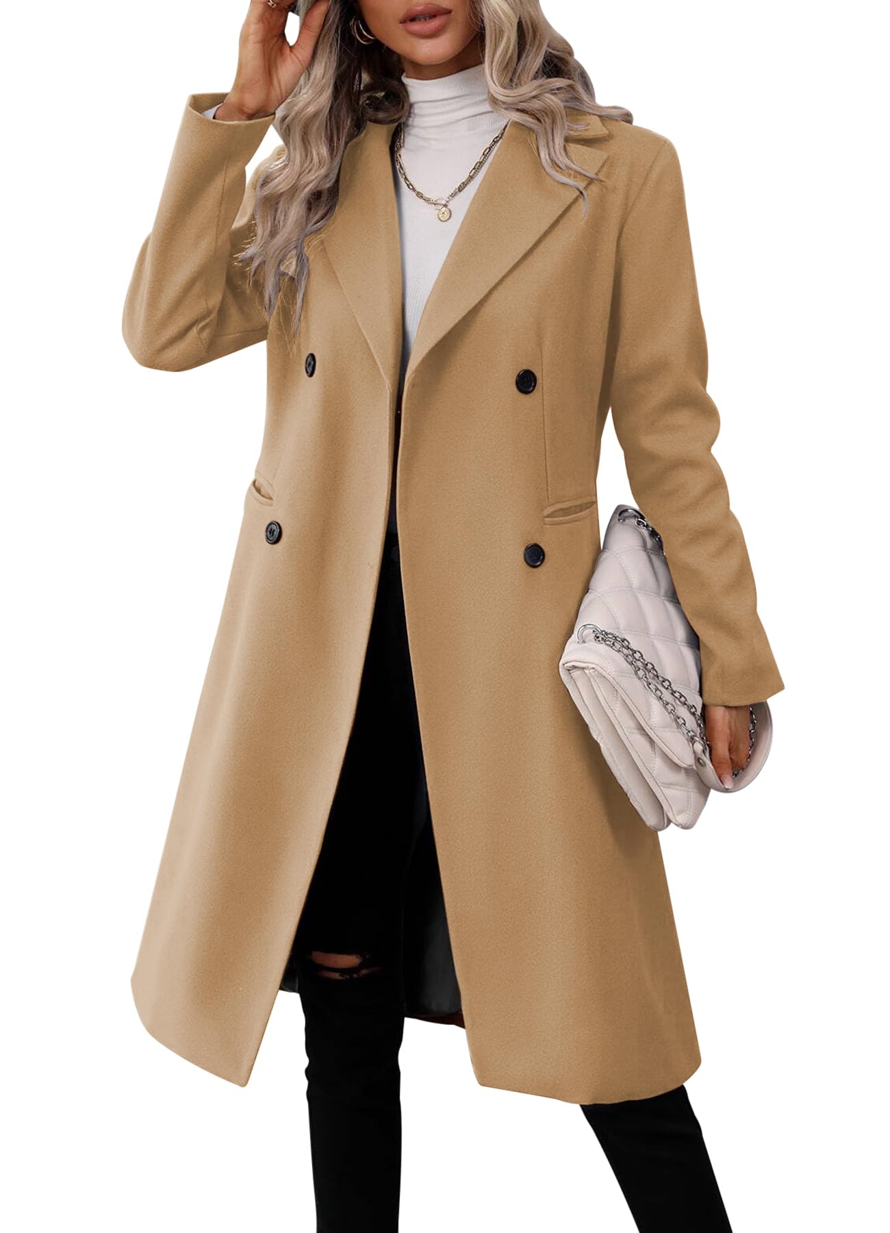 Danedvi Womens Long Double Breasted Coats Lapel Collar Pea Coat Winter Slim Fit Jackets Trench Coat Outwear-34
