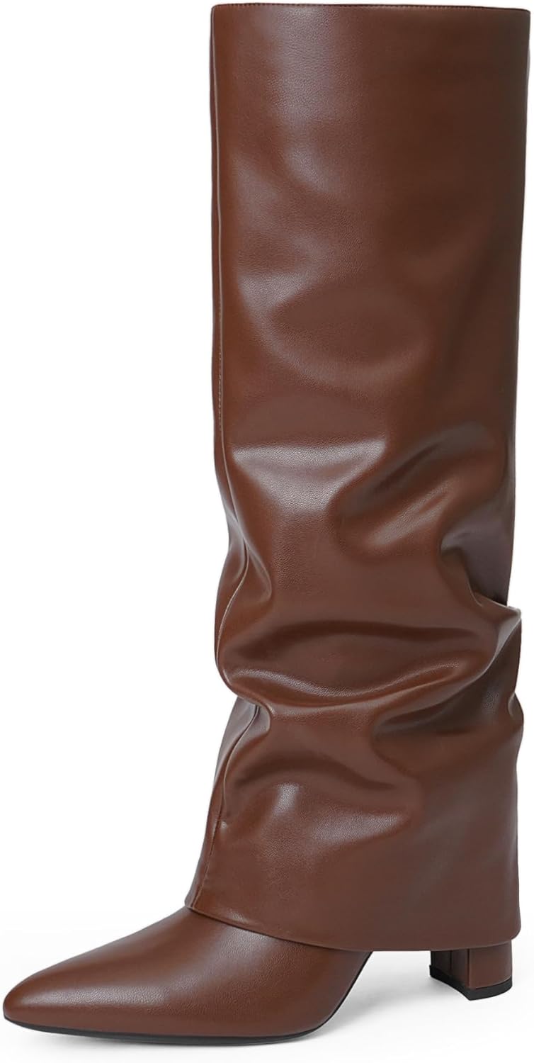 Modatope Knee High Boots Women Fold Over Knee High Boots Chunky High Heels Long Boots Zipper Pointed Toe Dress Tall Boots for Women-33