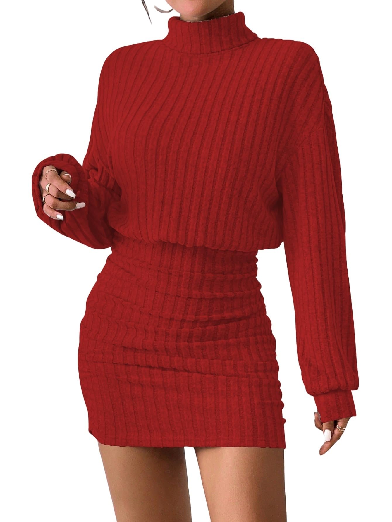 Women's Pullover Sweater Dress Long Lantern Sleeve Turtle Neck Cute Ribbed Knit Bodycon Mini Short Dress 2025 Fall-91