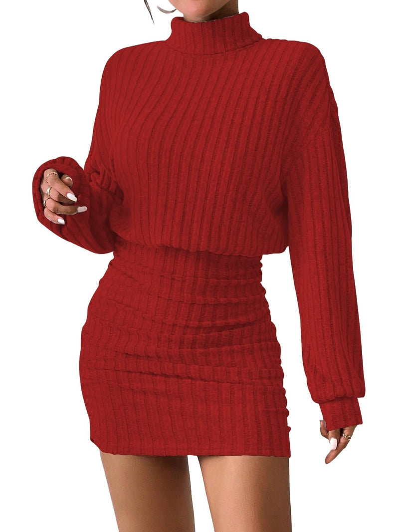 Women's Pullover Sweater Dress Long Lantern Sleeve Turtle Neck Cute Ribbed Knit Bodycon Mini Short Dress 2025 Fall-65