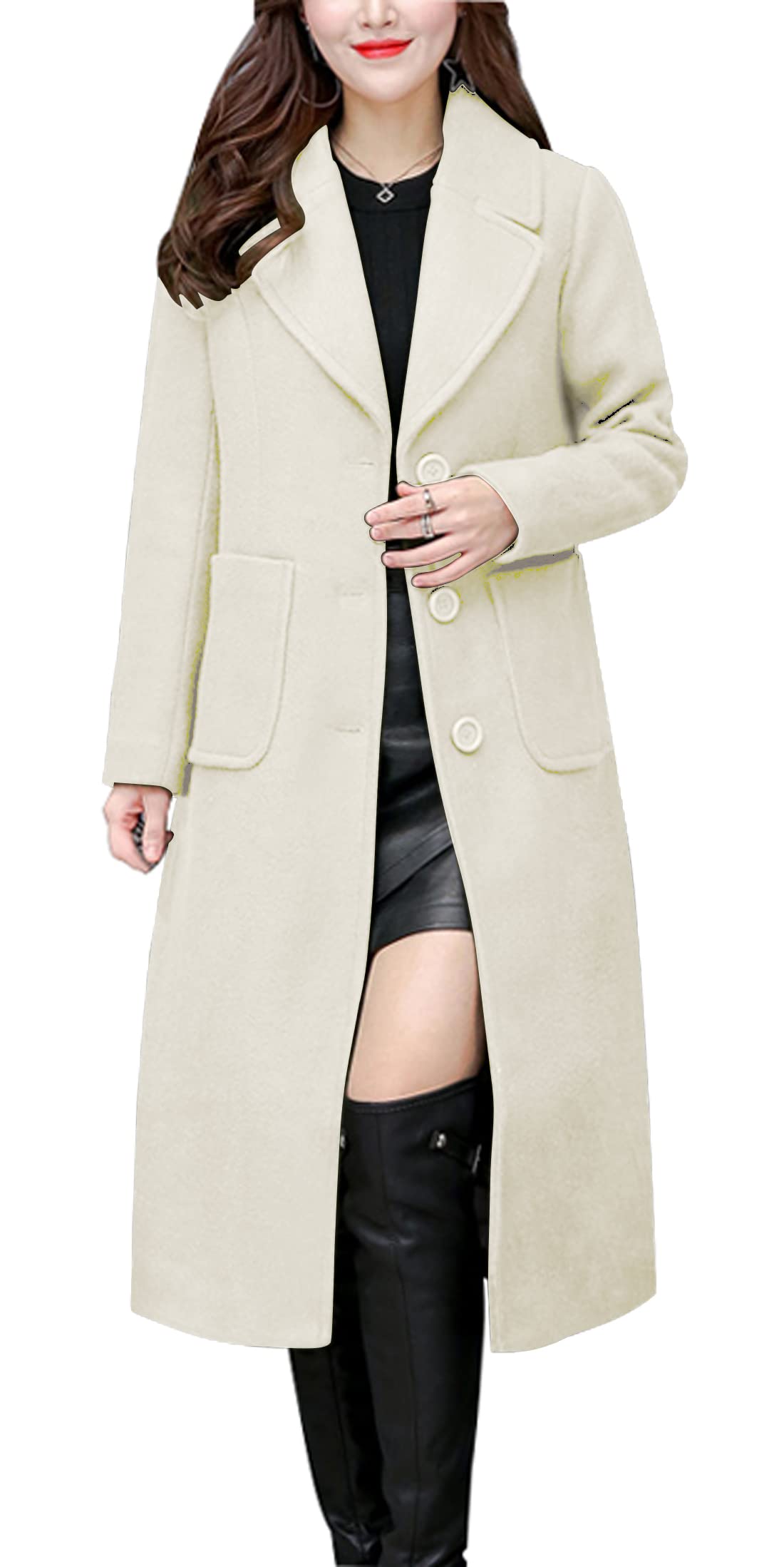 chouyatou Women's Big Notch Lapel Single Breasted Mid-Long Wool Blend Coat-65