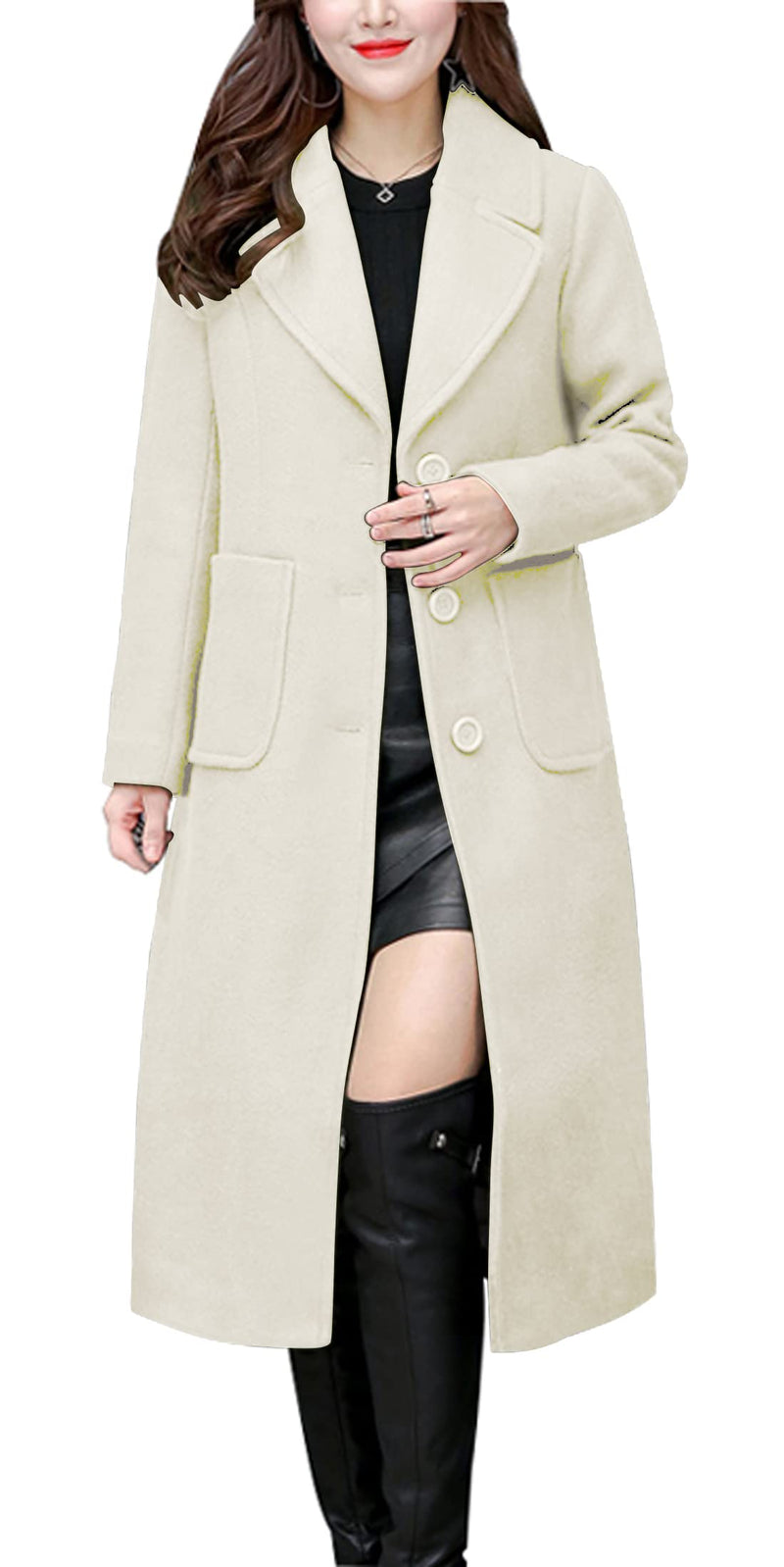 chouyatou Women's Big Notch Lapel Single Breasted Mid-Long Wool Blend Coat-59