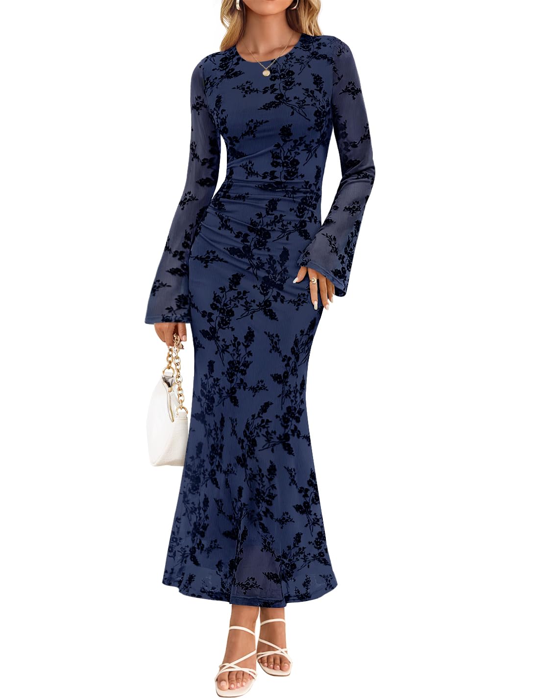 ZESICA Women's Long Sleeve Floral Bodycon Dress 2026 Spring Fall Ruched Mesh Wedding Guest Cocktail Party Maxi Dresses-73