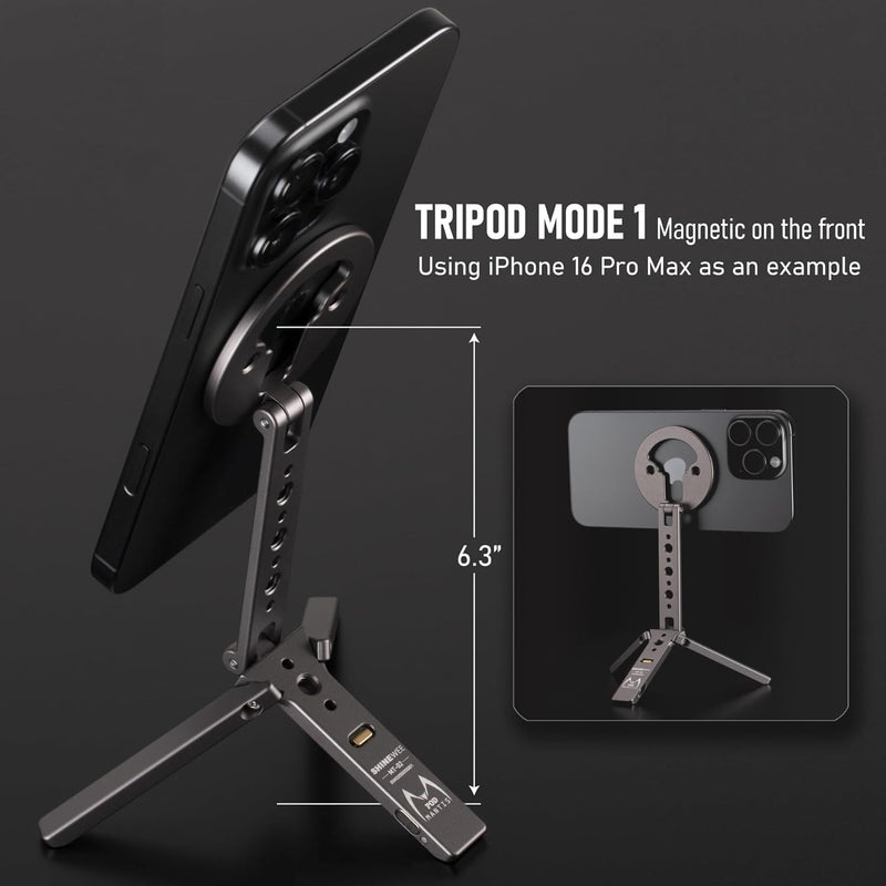 Ultra-Compact Magnetic Tripod for iPhone | Foldable Hook Design, 20 N52 Magnets, Cold Shoe & 1/4" Screw - Phone Stand for iPhone 12-17 & MagSafe Devices