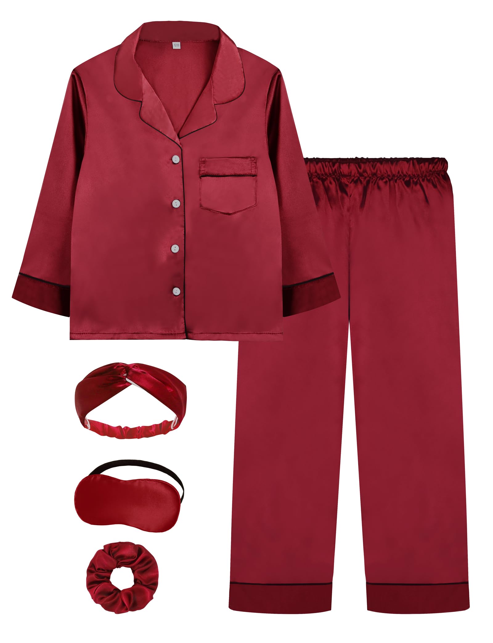 EPLAZA Kids Satin Pajamas Sets Girls Boys Button-Down Silky Pajamas Sleepwear with Hairband Eye Mask Hair Tie-75