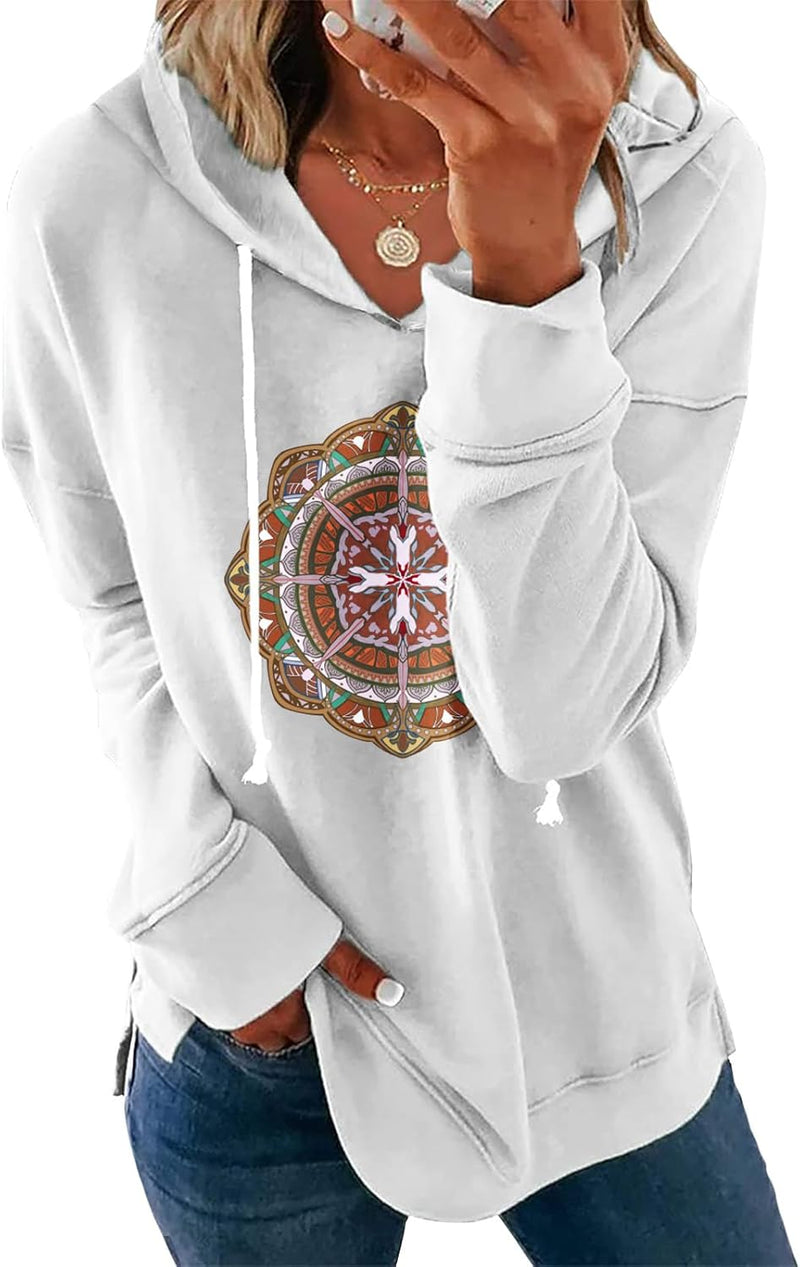 Womens Casual Loose Fit Pullover Sweatshirt with Artistic Print Drawstring Hood Long Sleeve Cotton Blend for Fall-26
