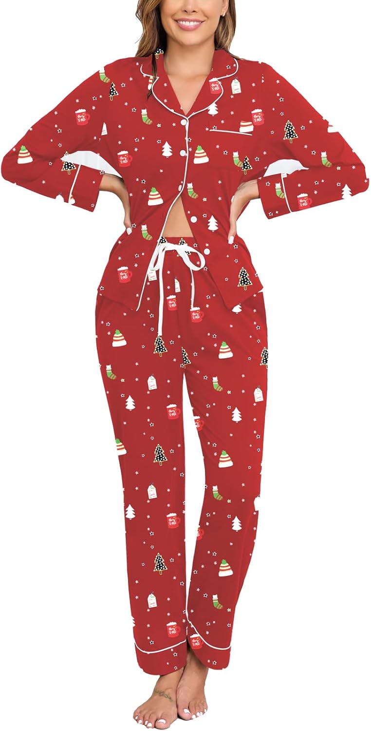 Veseacky 100% Cotton Pajamas for Women Set Long Sleeve Button Down Sleepwear Soft Pjs Lounge Sets with Pockets XS-XXL-39