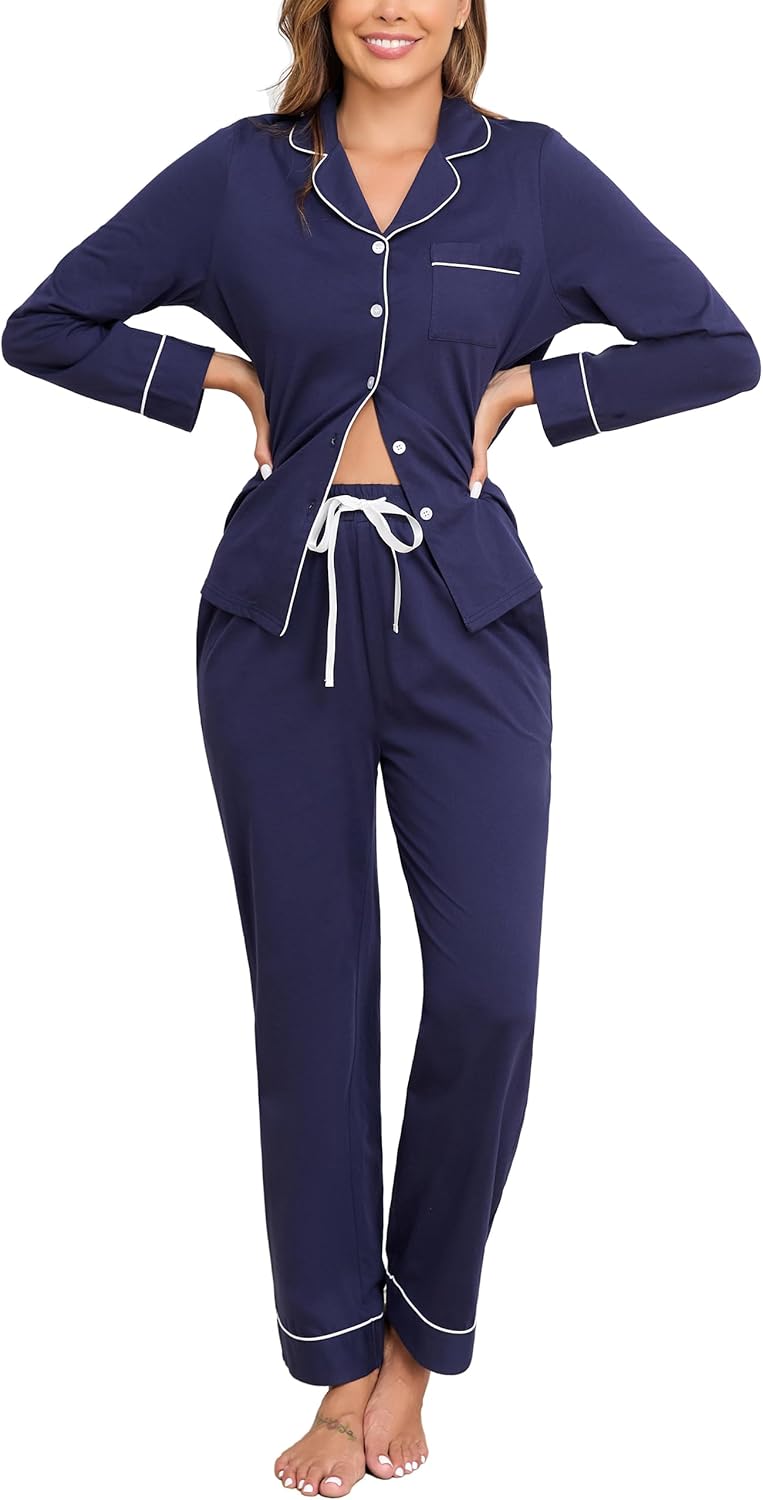 Veseacky 100% Cotton Pajamas for Women Set Long Sleeve Button Down Sleepwear Soft Pjs Lounge Sets with Pockets XS-XXL-74