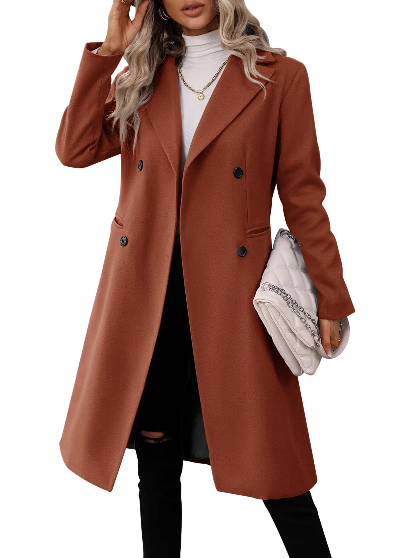Danedvi Womens Long Double Breasted Coats Lapel Collar Pea Coat Winter Slim Fit Jackets Trench Coat Outwear-31