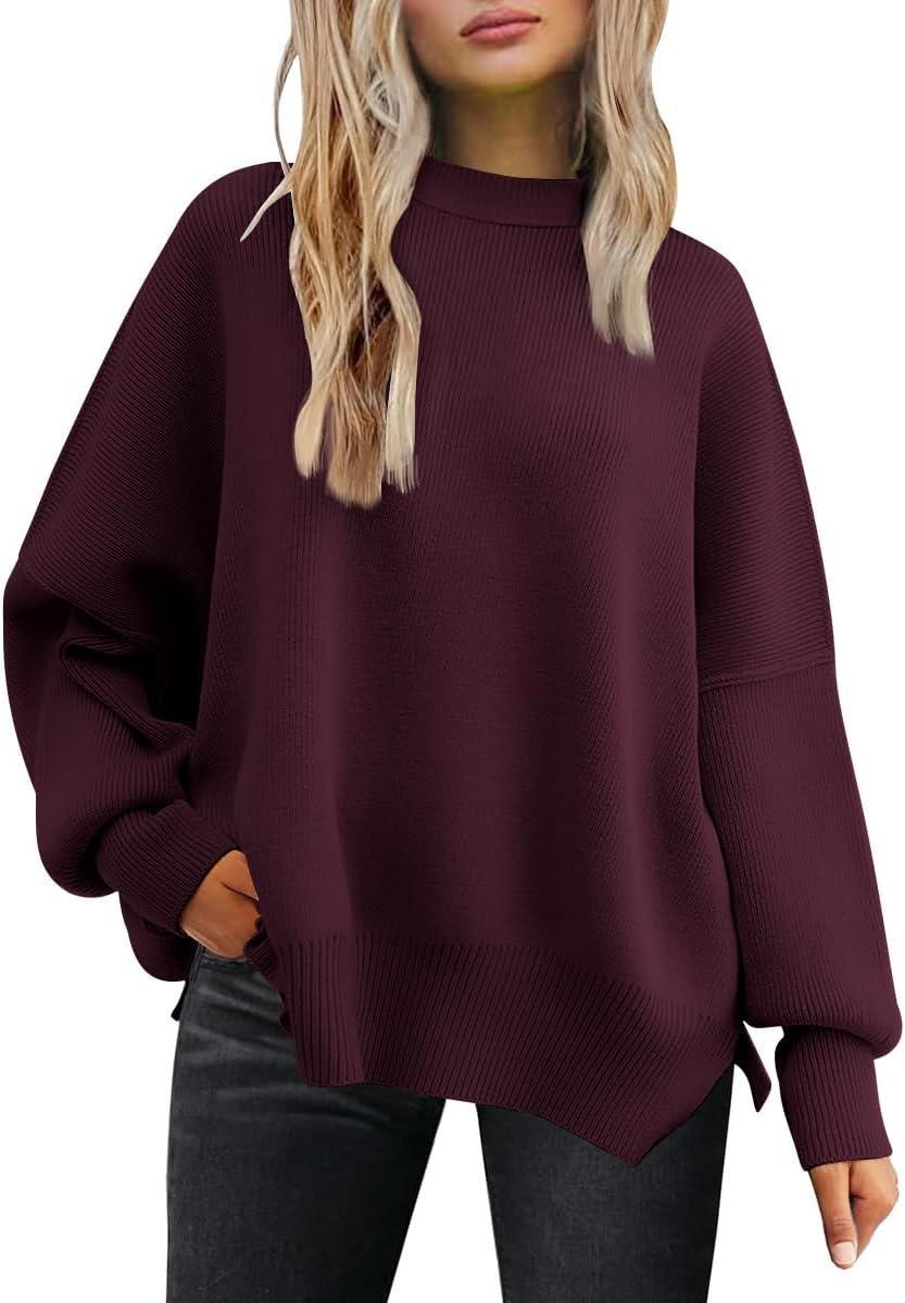 LILLUSORY Women's Oversized Batwing Sweaters 2025 Fall Outfits Trendy Crewneck Knit Side Slit Fashion Pullover Tops-17