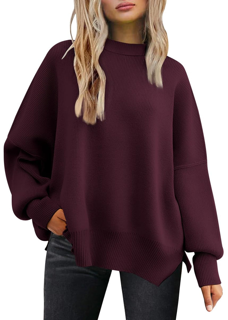 LILLUSORY Women's Oversized Batwing Sweaters 2025 Fall Outfits Trendy Crewneck Knit Side Slit Fashion Pullover Tops-2
