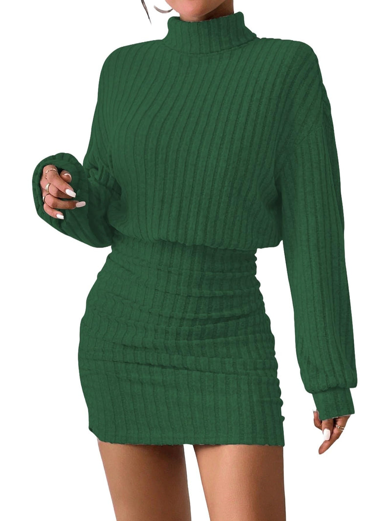 Women's Pullover Sweater Dress Long Lantern Sleeve Turtle Neck Cute Ribbed Knit Bodycon Mini Short Dress 2025 Fall-2