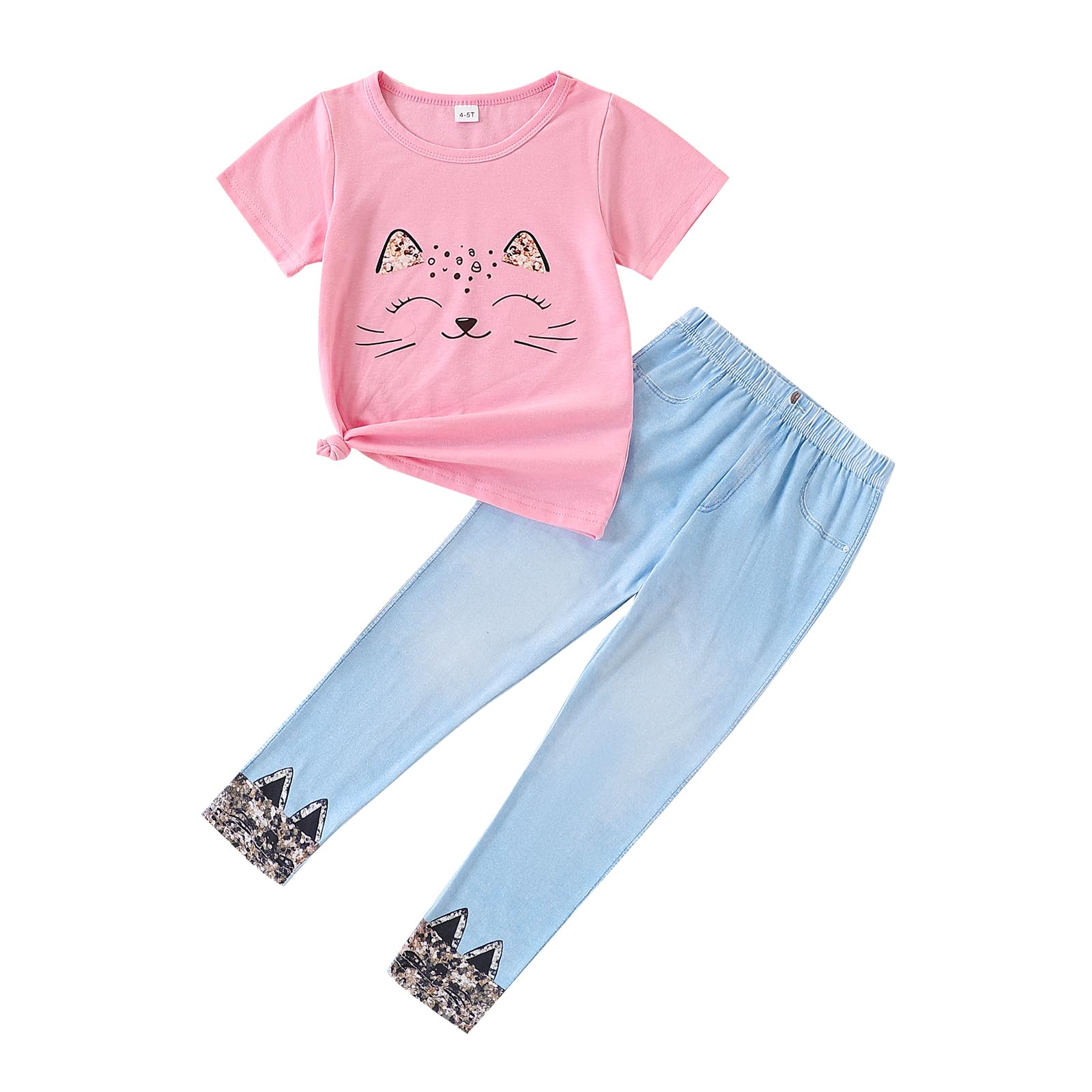 4-8T Toddler Girl Clothes Cat face print Short Sleeve Top+Pants Outfits Girl Spring and summer 2-Piece Set