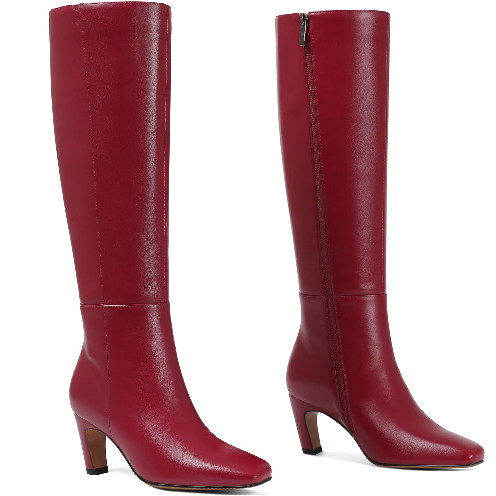 Kitten Heel Knee High Boots Women Square Toe Long Tall Boots Faux Leather Low Heel Boot Fashion Dress Casual Elastic Boots with Side Zipper-8
