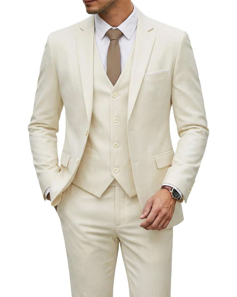 YND Men's 3 Piece Suit Set with Tie, 2 Button Slim Fit Solid Blazer Jacket Vest Pants, Business Wedding Party Suits for Men-94