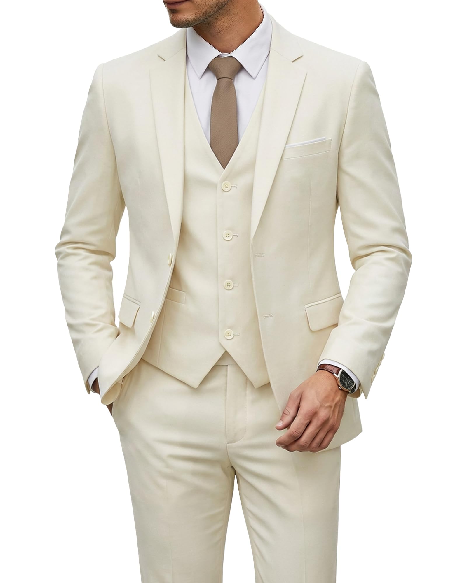YND Men's 3 Piece Suit Set with Tie, 2 Button Slim Fit Solid Blazer Jacket Vest Pants, Business Wedding Party Suits for Men-35