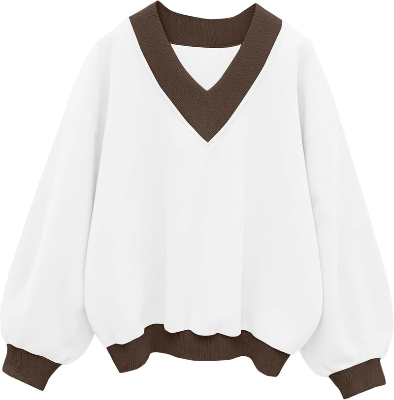 Hilinker Womens V Neck Oversized Sweatshirts Casual Drop Shoulder Long Sleeve Pullover Tops-57