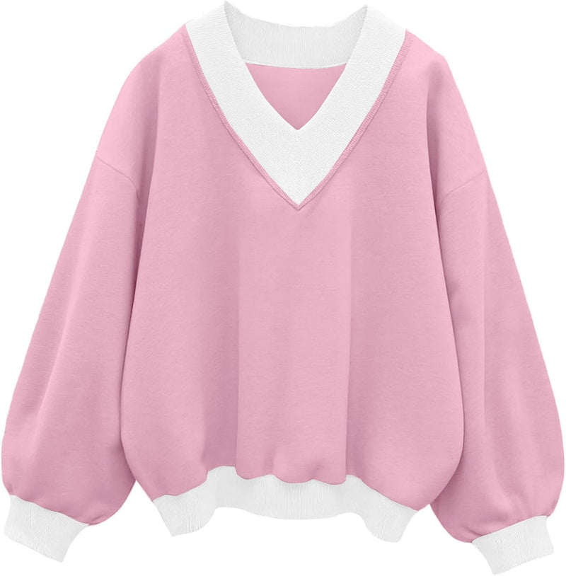 Hilinker Womens V Neck Oversized Sweatshirts Casual Drop Shoulder Long Sleeve Pullover Tops-95